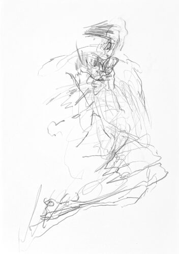 Pencil drawing on paper depicting an abstract figure by artist Denny Brückner.