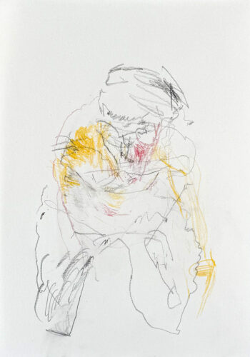 Graphite and colored drawing of a figure on paper by artist Denny Brückner.