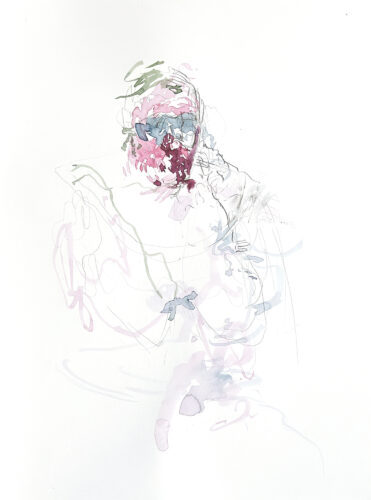 Watercolor painting showing an abstracted figure by artist Denny Brückner.