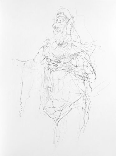 Pencil drawing on paper depicting an abstract figure of a woman wearing jewelry by artist Denny Brückner.