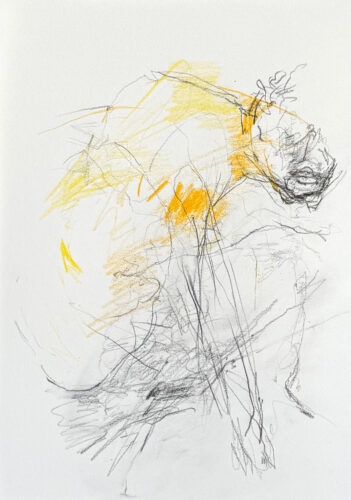 Graphite and colored drawing of a figure on paper by artist Denny Brückner.