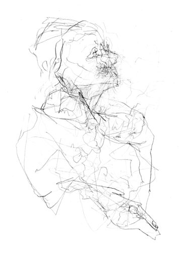 Pencil on paper drawing, abstract, figurative.