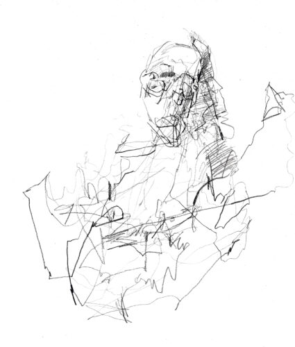 Figurative, abstract drawing of a woman. Pencil on paper.
