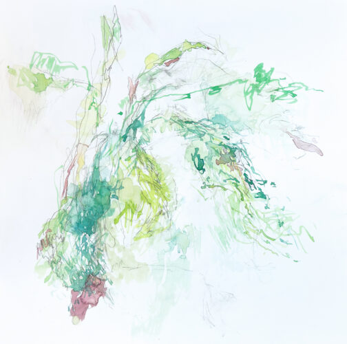 A colorful abstract watercolor painting of a plant in green shades and a little red.