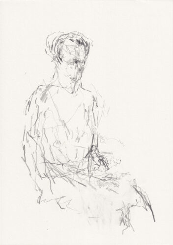 Portrait drawing in pencil on paper of a person with the initial R. The figure is abstracted. By artist Denny Brückner.