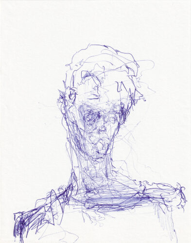 Ballpoint pen drawing of a self-portrait on paper.
