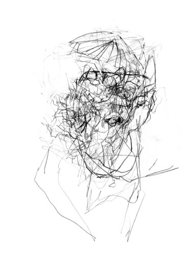 Pencil on paper drawing, abstract, figurative.