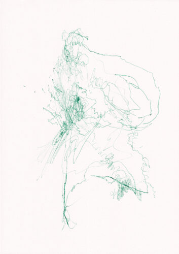 Green ballpoint pen drawing showing an abstract figure in the kitchen by artist Denny Brückner.